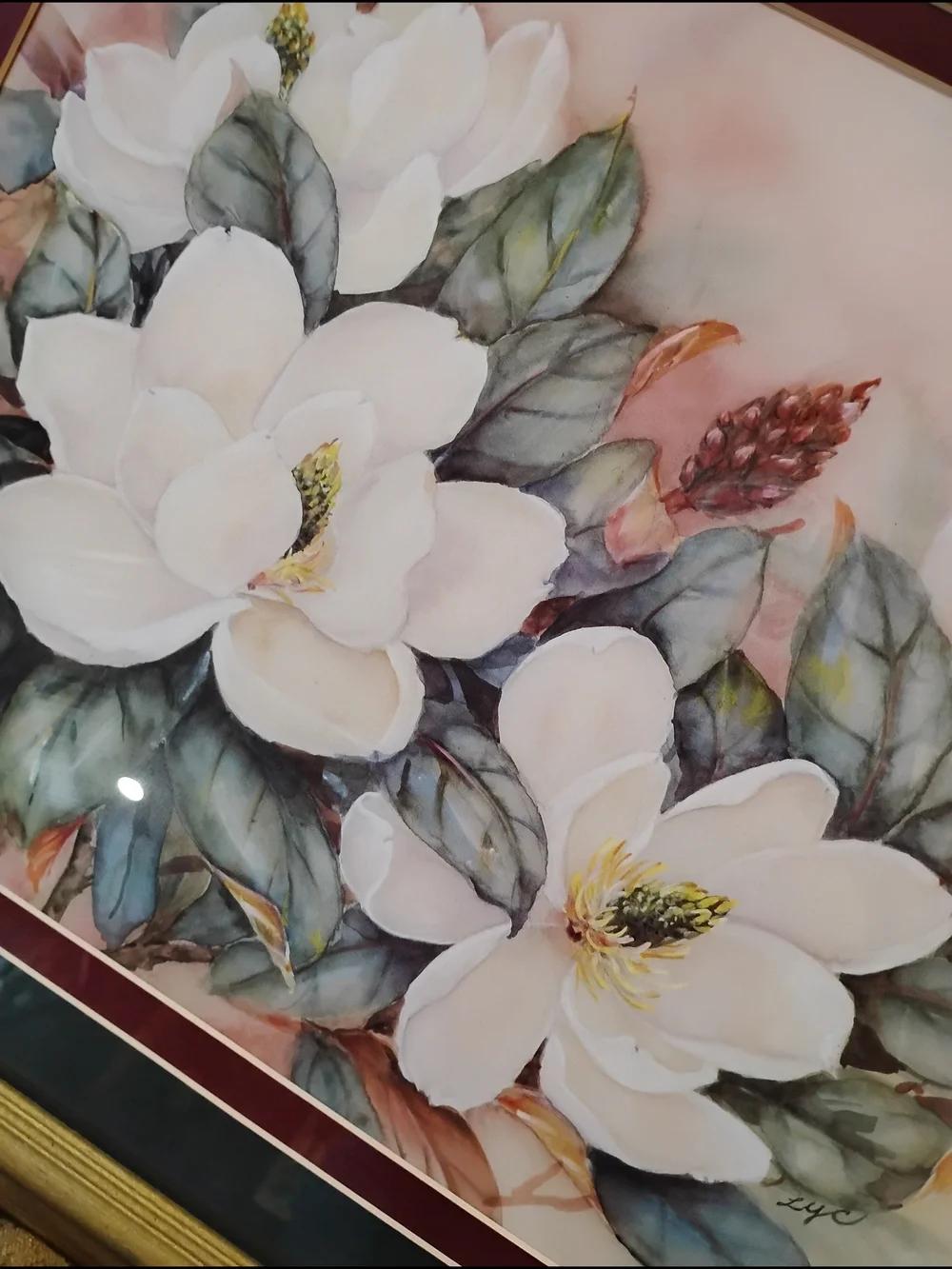 Classic White Magnolia Floral Wall Art Print with Gold Frame